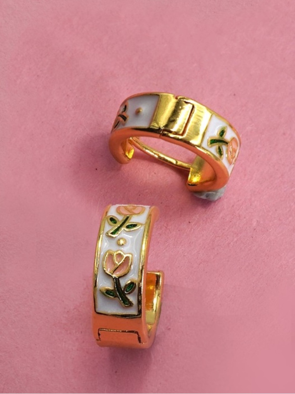 NWT Josslyn Vintage Cloisonne Floral Huggie Small Hoop Earrings Gold Tone Enamel